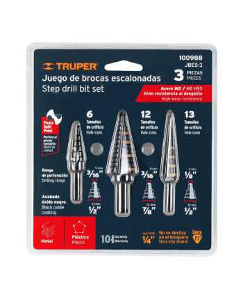 JUEGO DE 3 BROCAS ESCALONADAS DE ÓXIDO NEGRO, TRUPER